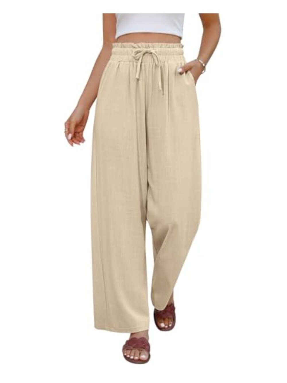 Linen Blend Wide Leg Palazzo Pants with Pockets Drawstring